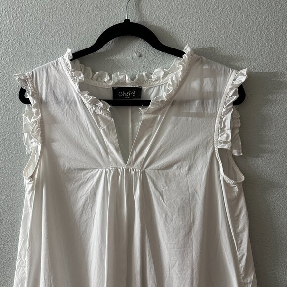 Chepe Italy White 100% Cotton Maxi Dress LARGE Flutter Sleeves Pockets - Picture 2 of 8